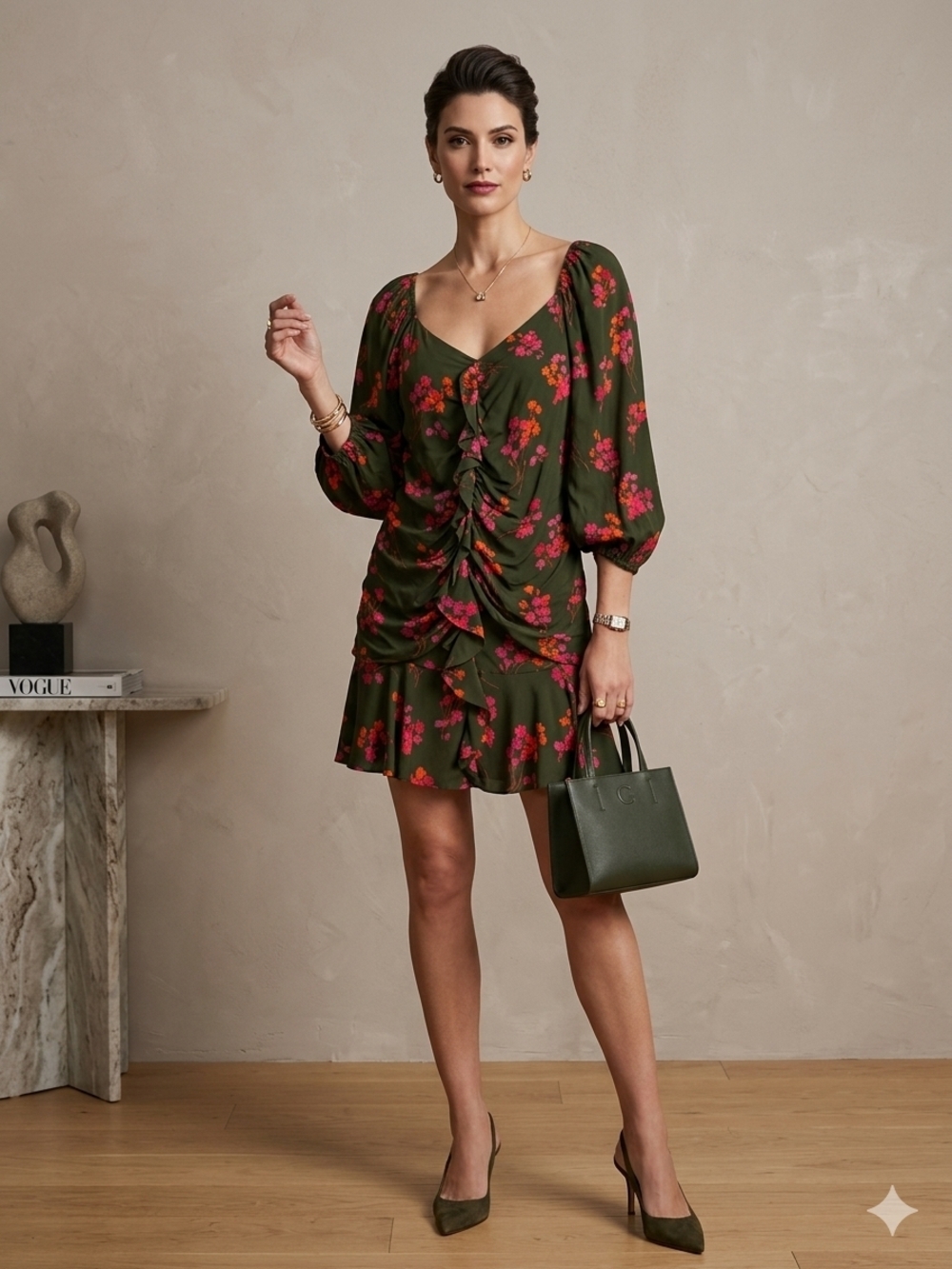 Caballero Green Floral Ruffle Mini Dress Size Small Like New